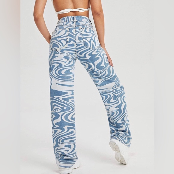 NWOT High Waist Print Pants Y2K Print Wide Leg Denim Jeans XS - Picture 4 of 5